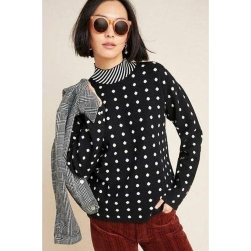 By ANTHROPOLOGIE Lizzie Mock‎ Neck Sweater Black White Polka Dot Striped Large